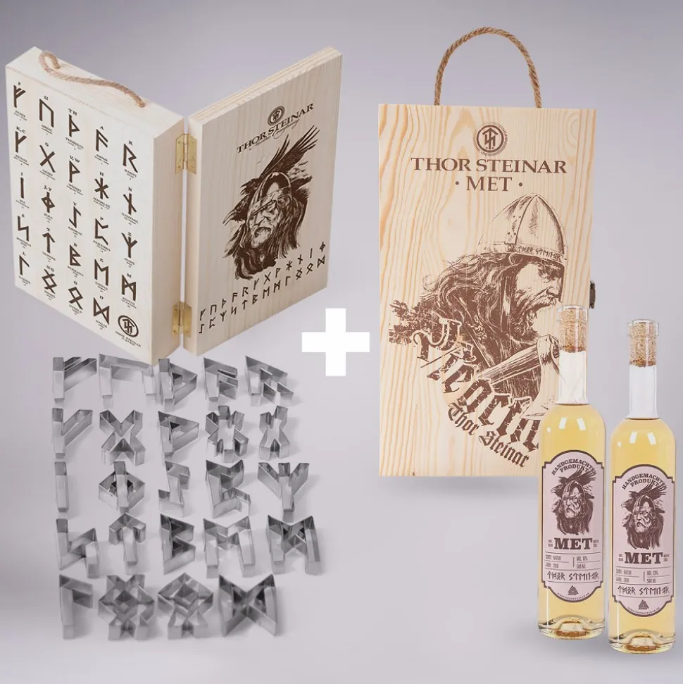 GESCHENK-SET AUSSTECHFORMEN FUTHARK + MET-BOX WIKINGER
